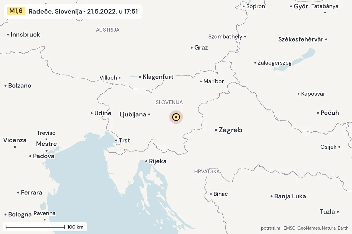 Karta: šire područje, 600 km, potres M1,6, Radeče, Slovenija, 21.5.2022.