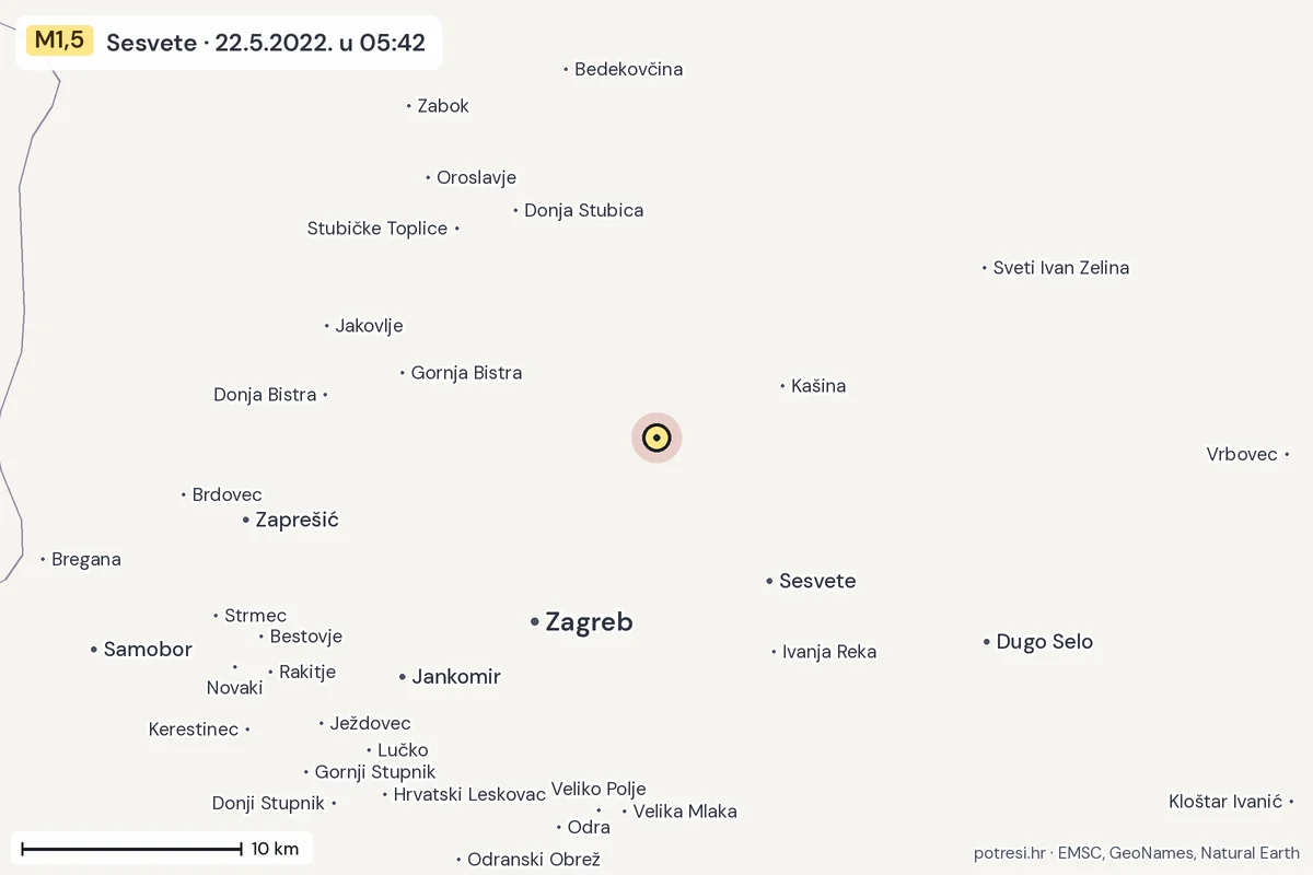 Karta: okolica epicentra, 60 km, potres M1,5, Sesvete, 22.5.2022.