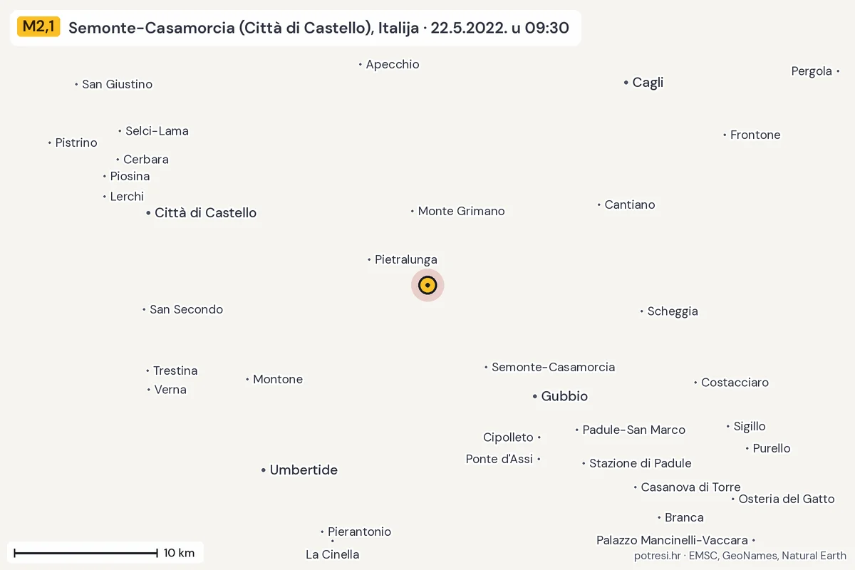 Karta: okolica epicentra, 60 km, potres M2,1, Semonte-Casamorcia (Città di Castello), Italija, 22.5.2022.