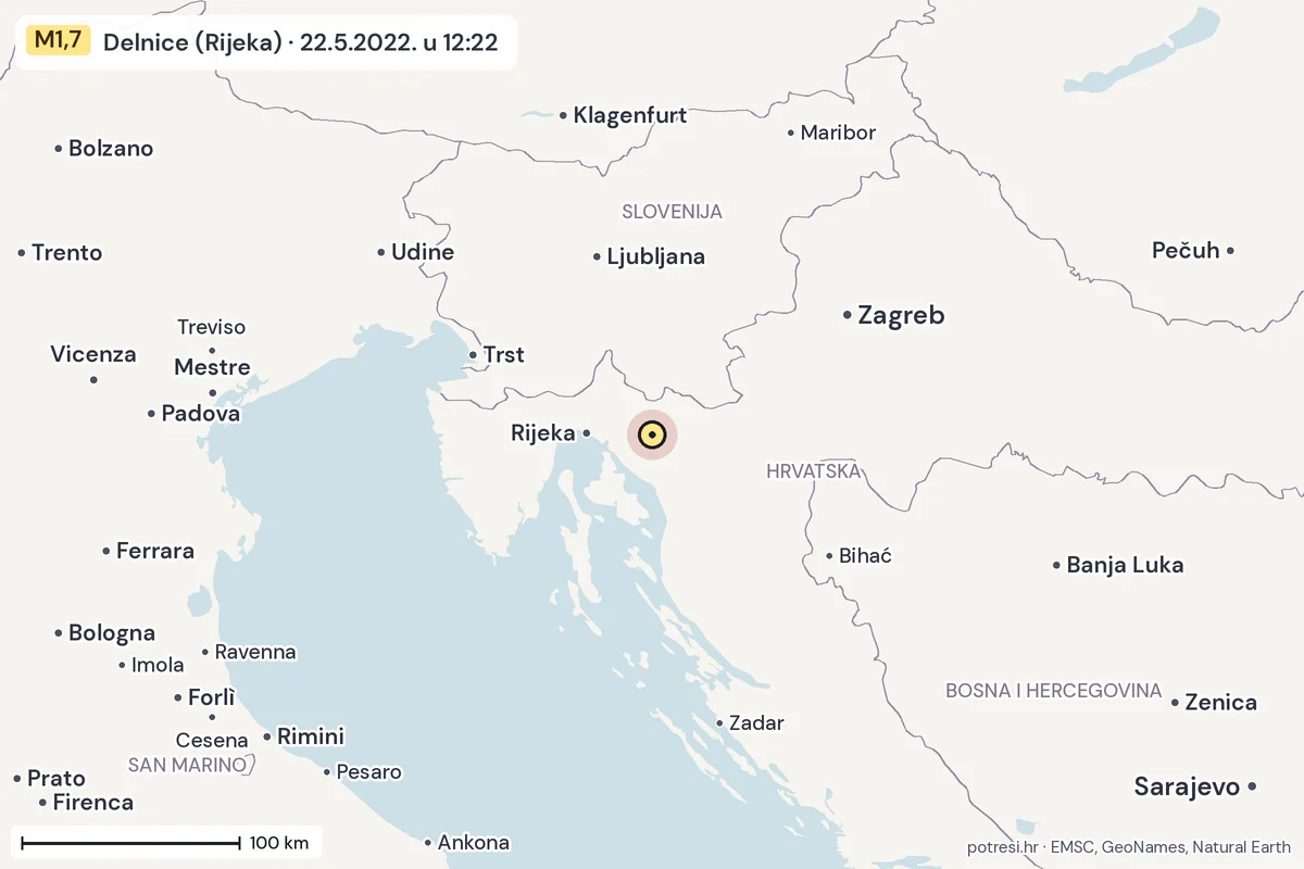 Karta: šire područje, 600 km, potres M1,7, Delnice (Rijeka), 22.5.2022.