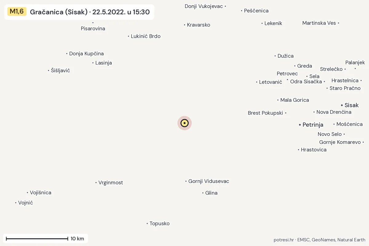 Karta: okolica epicentra, 60 km, potres M1,6, Gračanica (Sisak), 22.5.2022.
