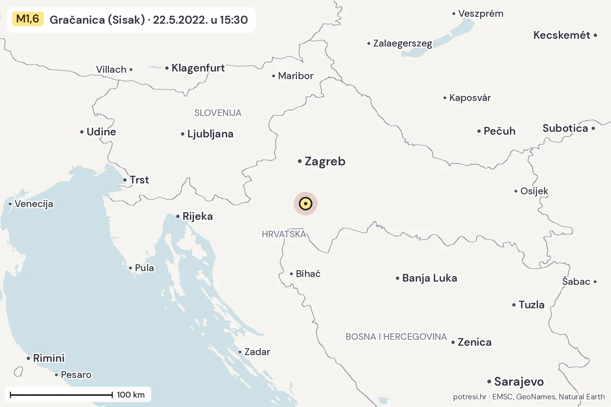Karta: šire područje, 600 km, potres M1,6, Gračanica (Sisak), 22.5.2022.