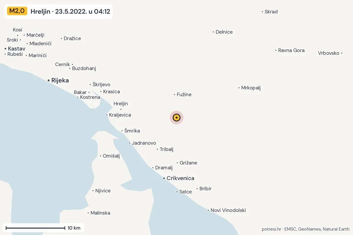 Karta: okolica epicentra, 60 km, potres M2,0, Hreljin, 23.5.2022.