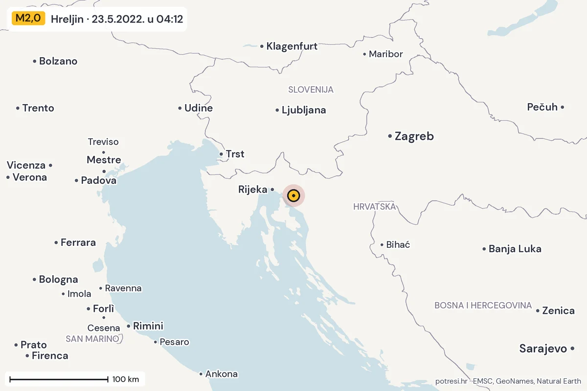 Karta: šire područje, 600 km, potres M2,0, Hreljin, 23.5.2022.