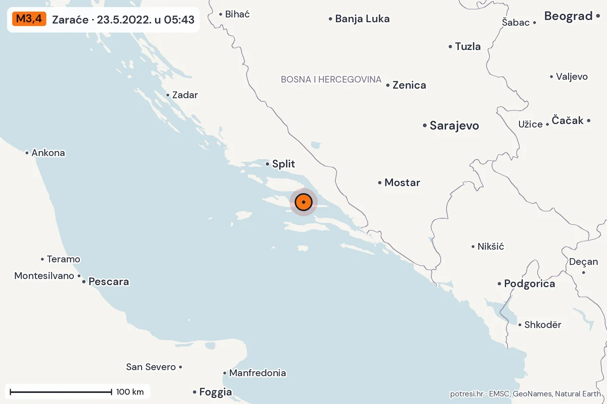 Karta: šire područje, 600 km, potres M3,4, Zaraće, 23.5.2022.