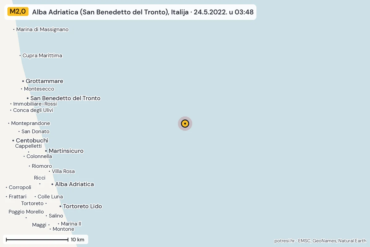 Karta: okolica epicentra, 60 km, potres M2,0, Alba Adriatica (San Benedetto del Tronto), Italija, 24.5.2022.
