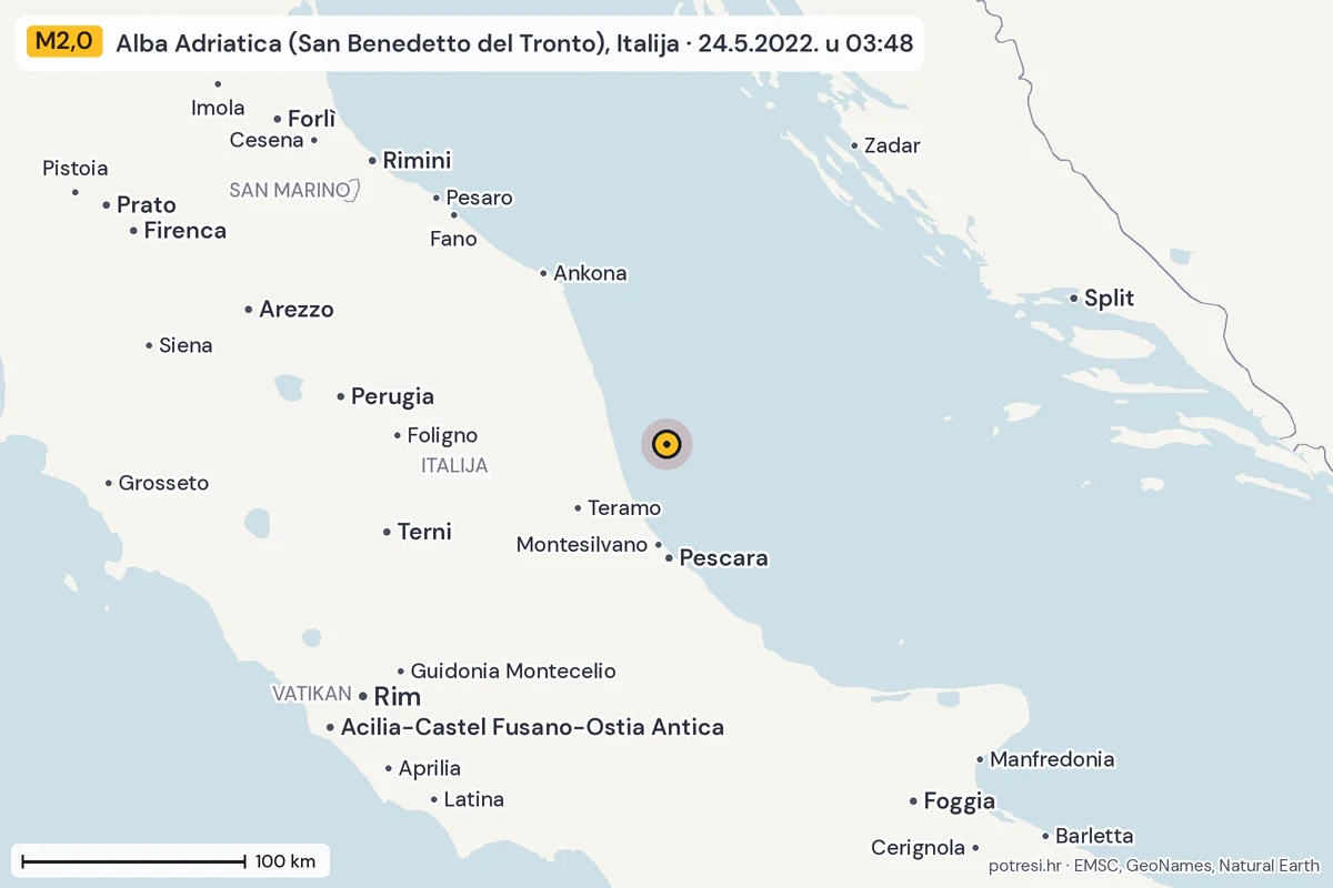 Karta: šire područje, 600 km, potres M2,0, Alba Adriatica (San Benedetto del Tronto), Italija, 24.5.2022.
