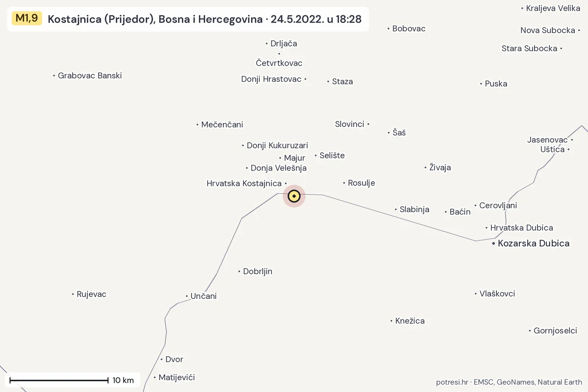 Karta: okolica epicentra, 60 km, potres M1,9, Kostajnica (Prijedor), Bosna i Hercegovina, 24.5.2022.