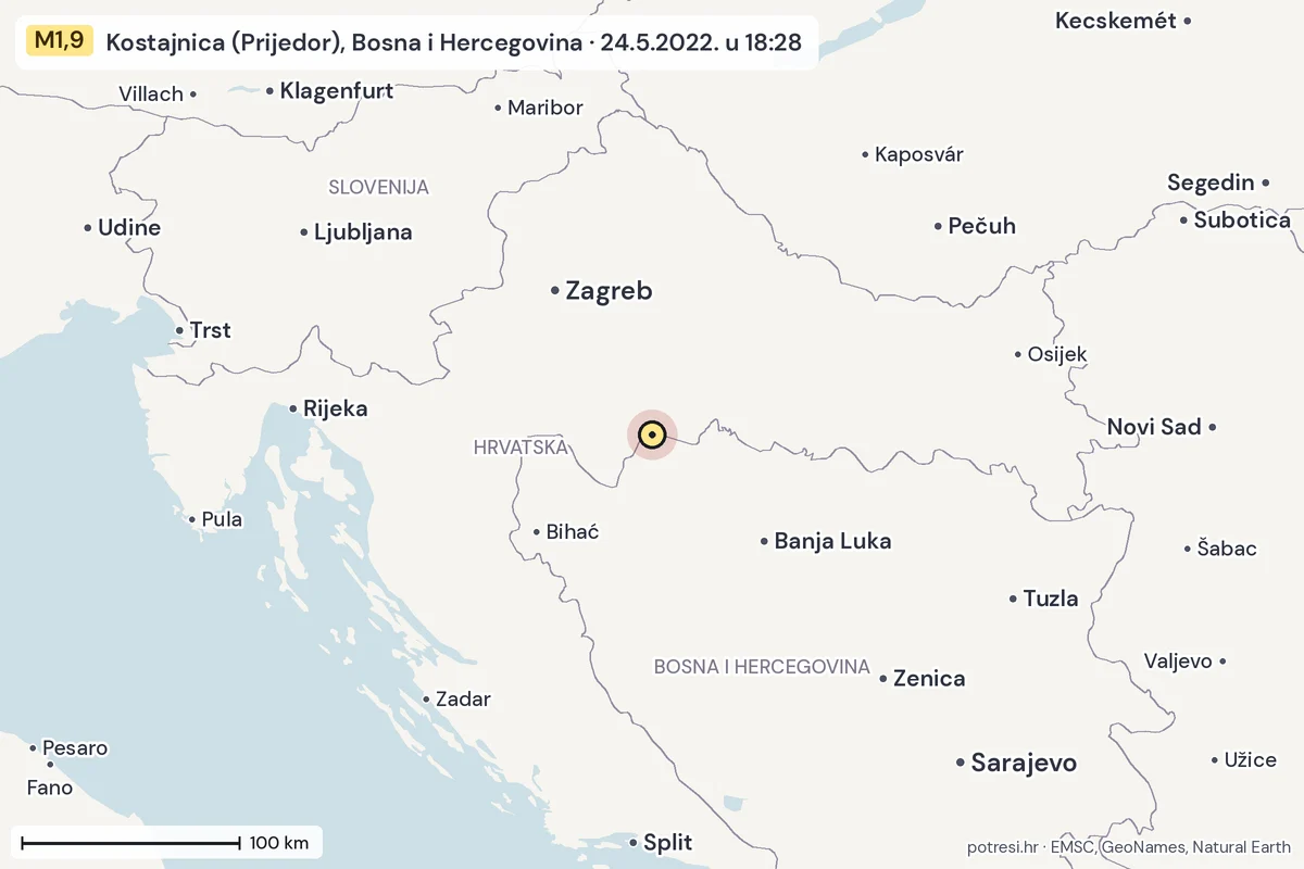 Karta: šire područje, 600 km, potres M1,9, Kostajnica (Prijedor), Bosna i Hercegovina, 24.5.2022.