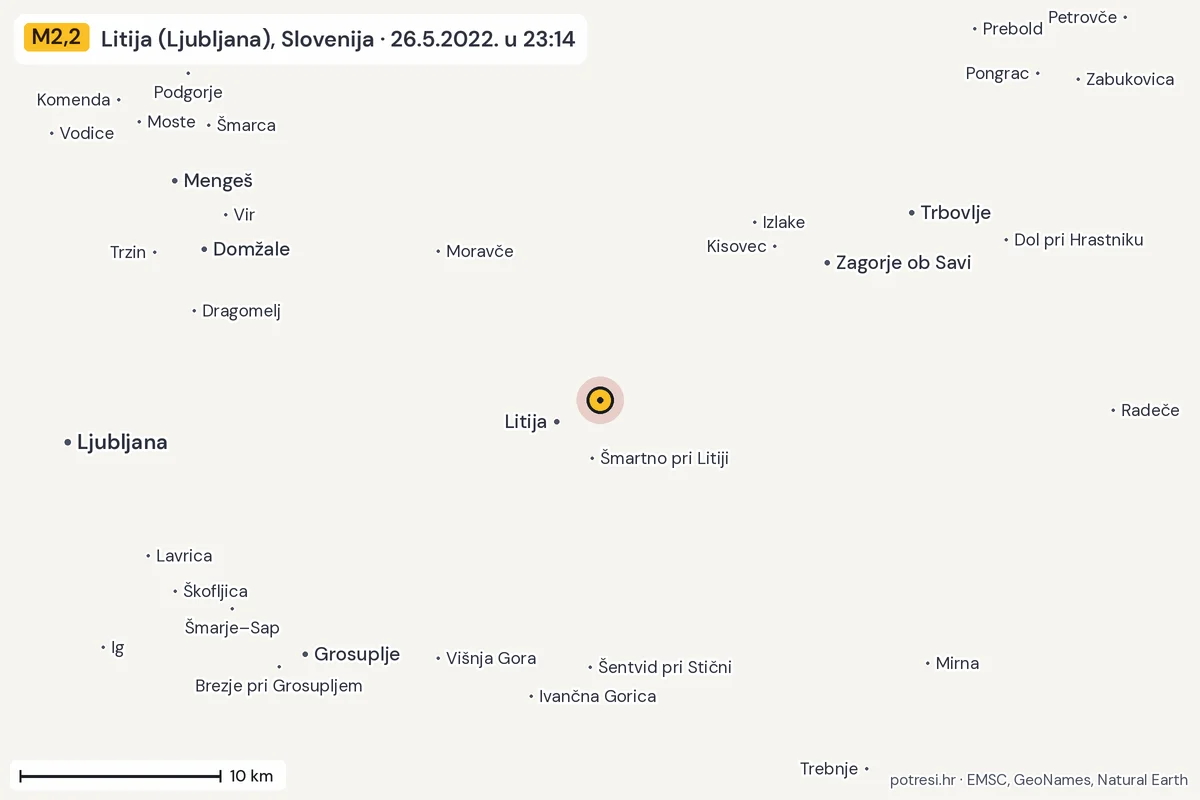 Karta: okolica epicentra, 60 km, potres M2,2, Litija (Ljubljana), Slovenija, 26.5.2022.