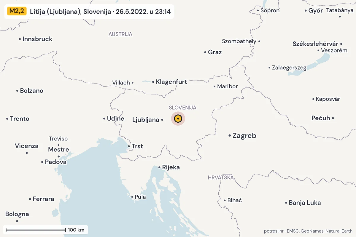 Karta: šire područje, 600 km, potres M2,2, Litija (Ljubljana), Slovenija, 26.5.2022.