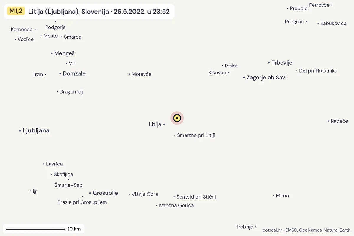 Karta: okolica epicentra, 60 km, potres M1,2, Litija (Ljubljana), Slovenija, 26.5.2022.