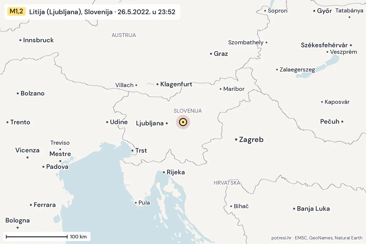 Karta: šire područje, 600 km, potres M1,2, Litija (Ljubljana), Slovenija, 26.5.2022.