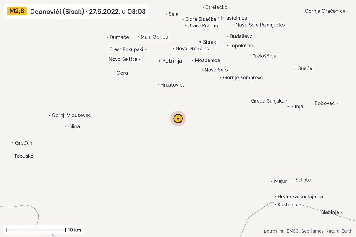 Karta: okolica epicentra, 60 km, potres M2,8, Deanovići (Sisak), 27.5.2022.