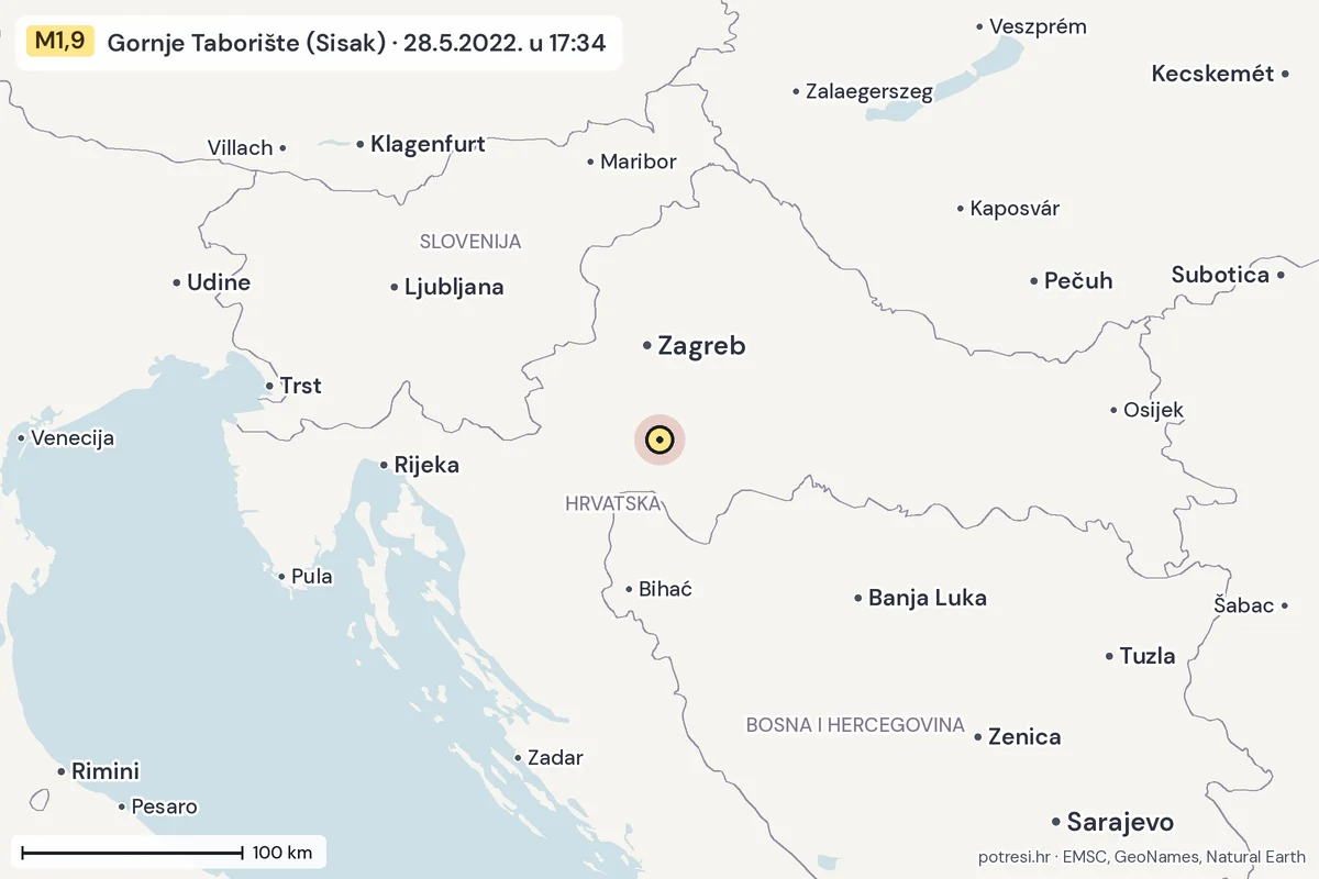 Karta: šire područje, 600 km, potres M1,9, Gornje Taborište (Sisak), 28.5.2022.