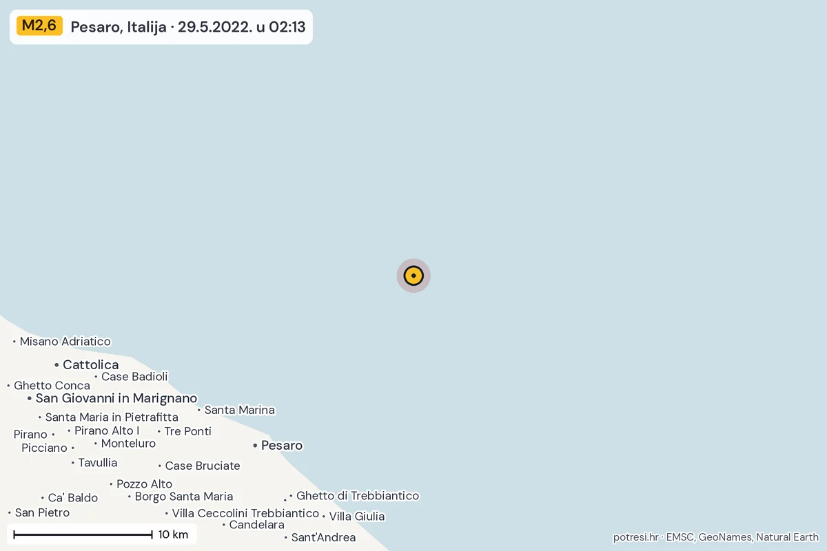 Karta: okolica epicentra, 60 km, potres M2,6, Pesaro, Italija, 29.5.2022.