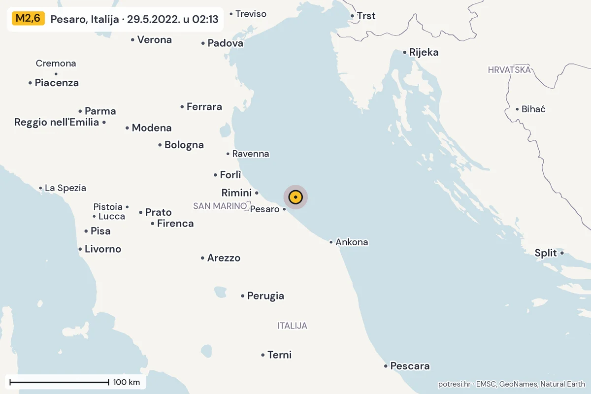 Karta: šire područje, 600 km, potres M2,6, Pesaro, Italija, 29.5.2022.
