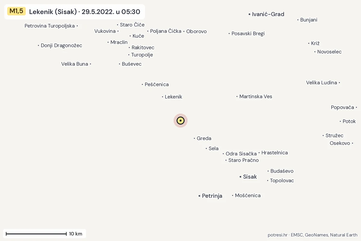 Karta: okolica epicentra, 60 km, potres M1,5, Lekenik (Sisak), 29.5.2022.
