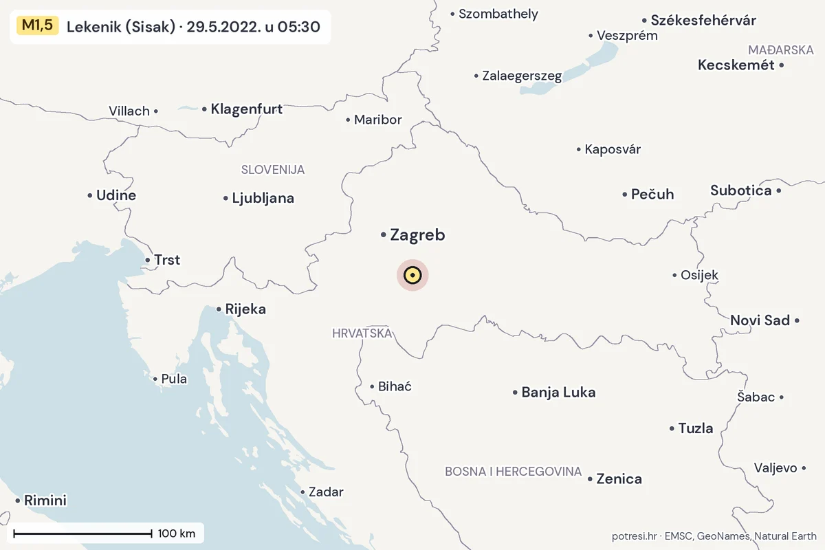 Karta: šire područje, 600 km, potres M1,5, Lekenik (Sisak), 29.5.2022.
