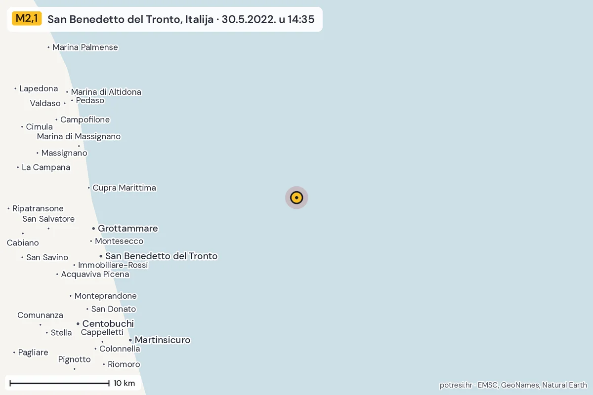 Karta: okolica epicentra, 60 km, potres M2,1, San Benedetto del Tronto, Italija, 30.5.2022.
