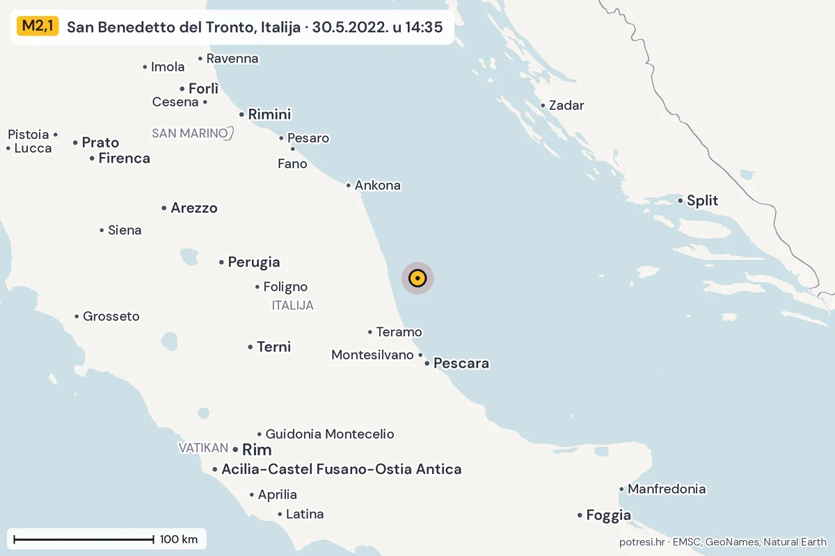 Karta: šire područje, 600 km, potres M2,1, San Benedetto del Tronto, Italija, 30.5.2022.