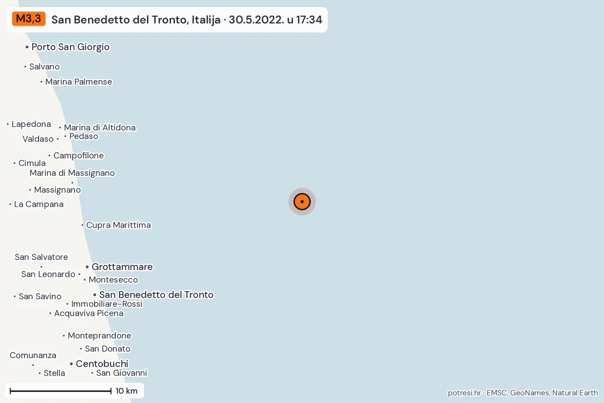 Karta: okolica epicentra, 60 km, potres M3,3, San Benedetto del Tronto, Italija, 30.5.2022.