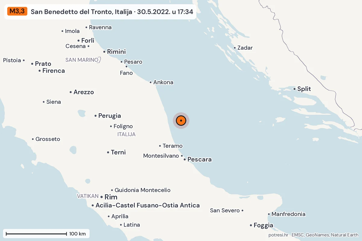 Karta: šire područje, 600 km, potres M3,3, San Benedetto del Tronto, Italija, 30.5.2022.