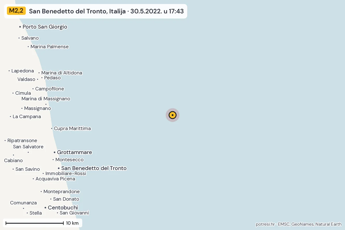 Karta: okolica epicentra, 60 km, potres M2,2, San Benedetto del Tronto, Italija, 30.5.2022.