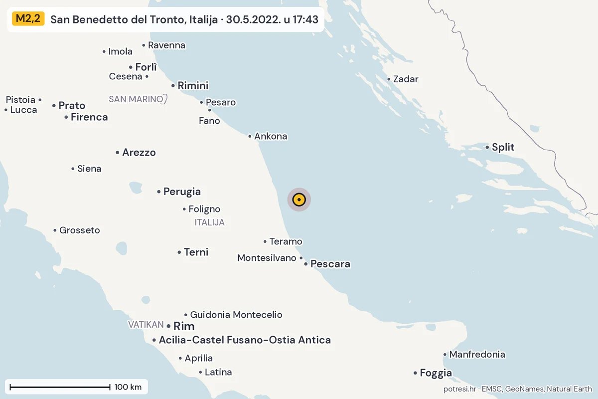 Karta: šire područje, 600 km, potres M2,2, San Benedetto del Tronto, Italija, 30.5.2022.