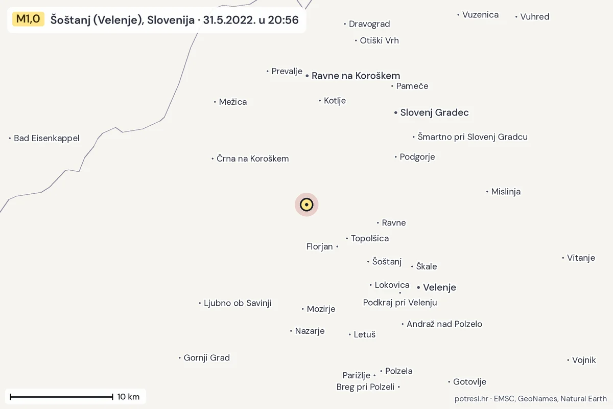 Karta: okolica epicentra, 60 km, potres M1,0, Šoštanj (Velenje), Slovenija, 31.5.2022.