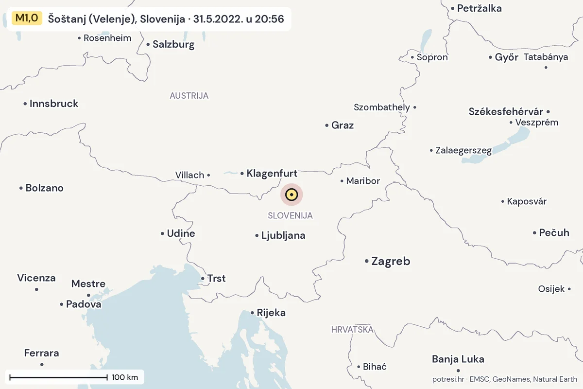 Karta: šire područje, 600 km, potres M1,0, Šoštanj (Velenje), Slovenija, 31.5.2022.