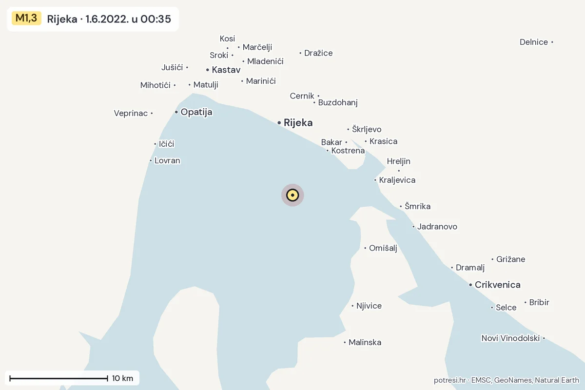 Karta: okolica epicentra, 60 km, potres M1,3, Rijeka, 1.6.2022.