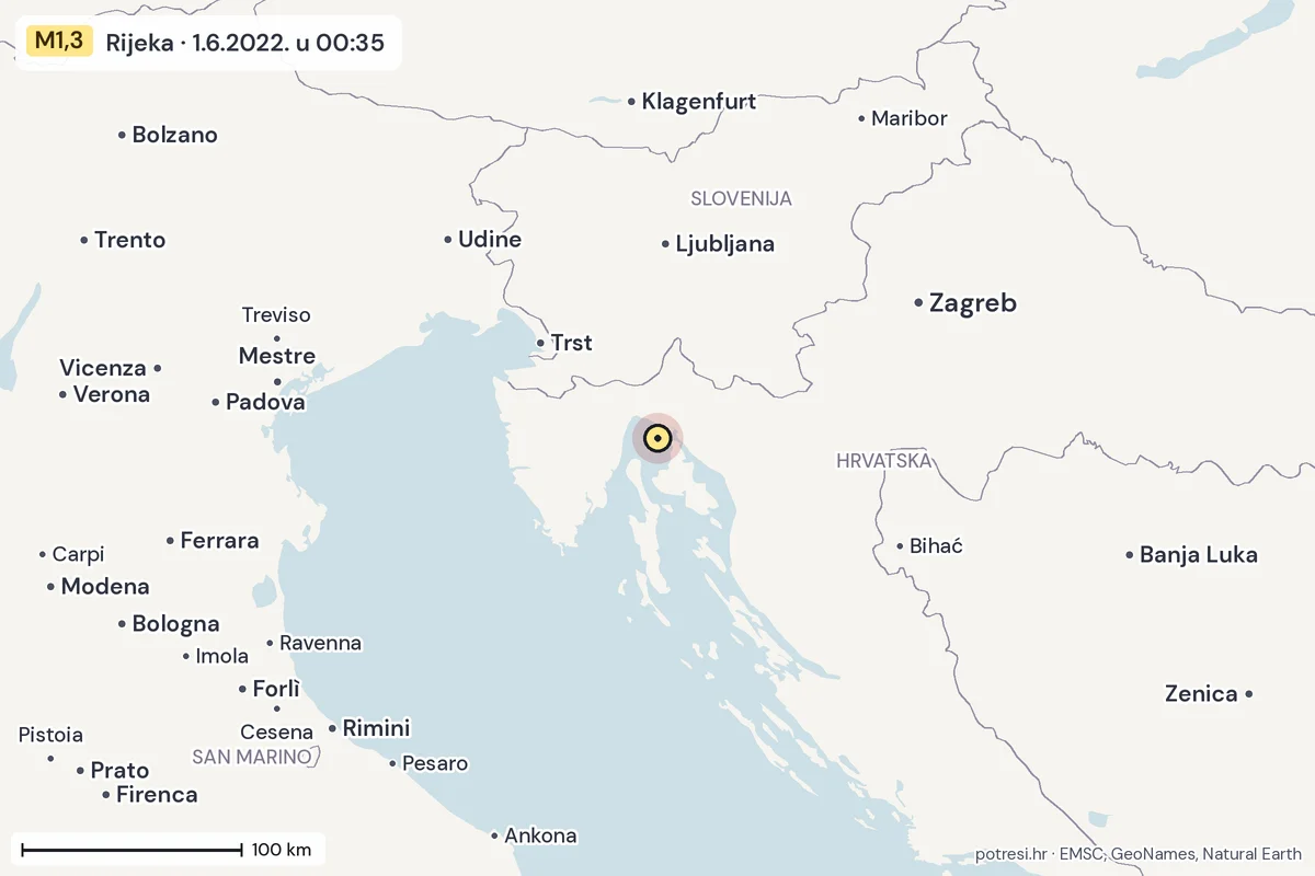Karta: šire područje, 600 km, potres M1,3, Rijeka, 1.6.2022.
