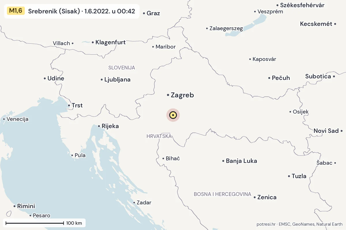 Karta: šire područje, 600 km, potres M1,6, Srebrenik (Sisak), 1.6.2022.