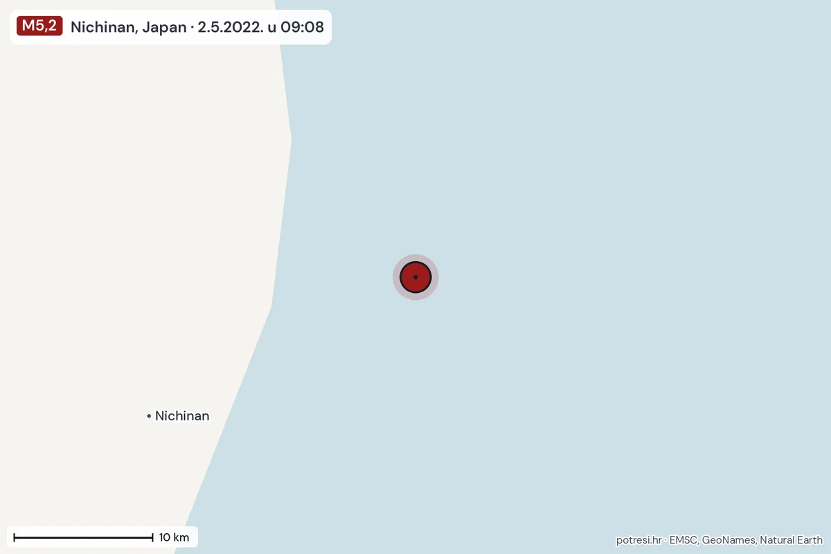 Karta: okolica epicentra, 60 km, potres M5,2, Nichinan, Japan, 2.5.2022.