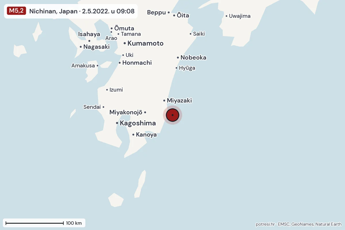 Karta: šire područje, 600 km, potres M5,2, Nichinan, Japan, 2.5.2022.