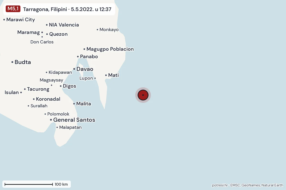 Karta: šire područje, 600 km, potres M5,1, Tarragona, Filipini, 5.5.2022.