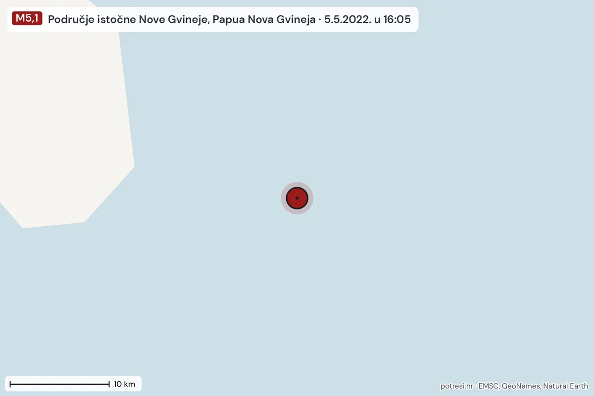 Karta: okolica epicentra, 60 km, potres M5,1, Područje istočne Nove Gvineje, Papua Nova Gvineja, 5.5.2022.