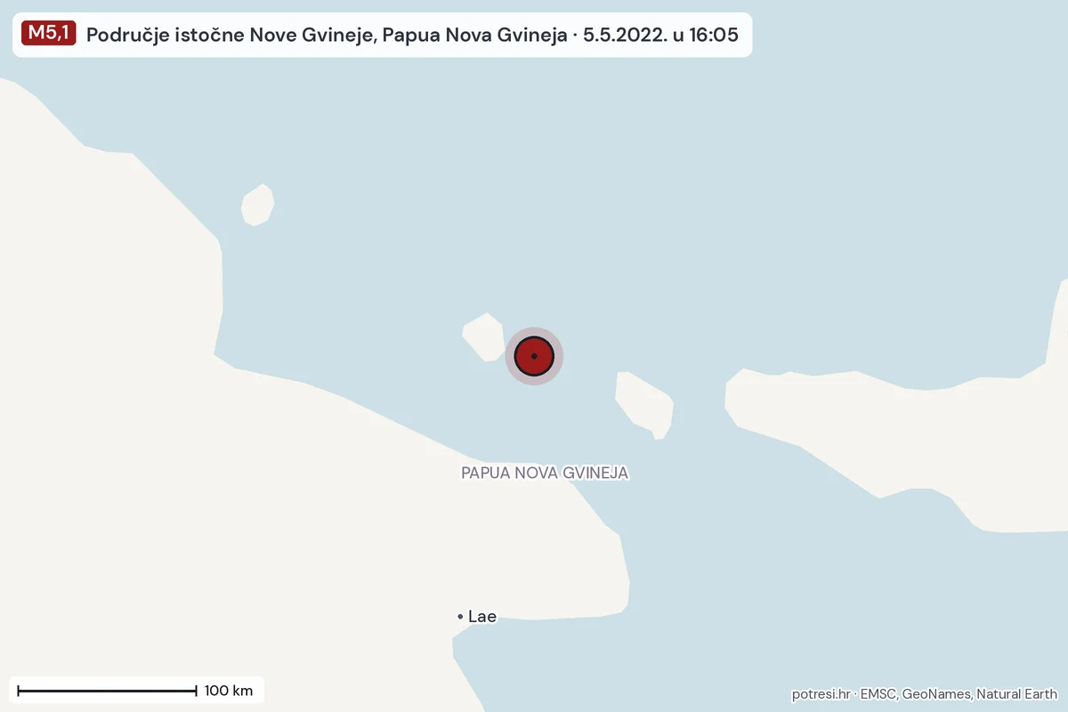 Karta: šire područje, 600 km, potres M5,1, Područje istočne Nove Gvineje, Papua Nova Gvineja, 5.5.2022.