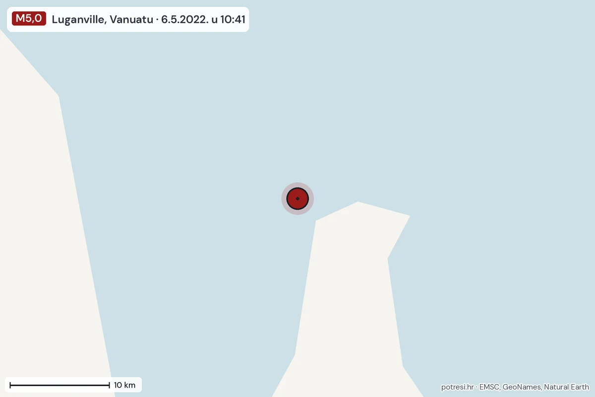 Karta: okolica epicentra, 60 km, potres M5,0, Luganville, Vanuatu, 6.5.2022.