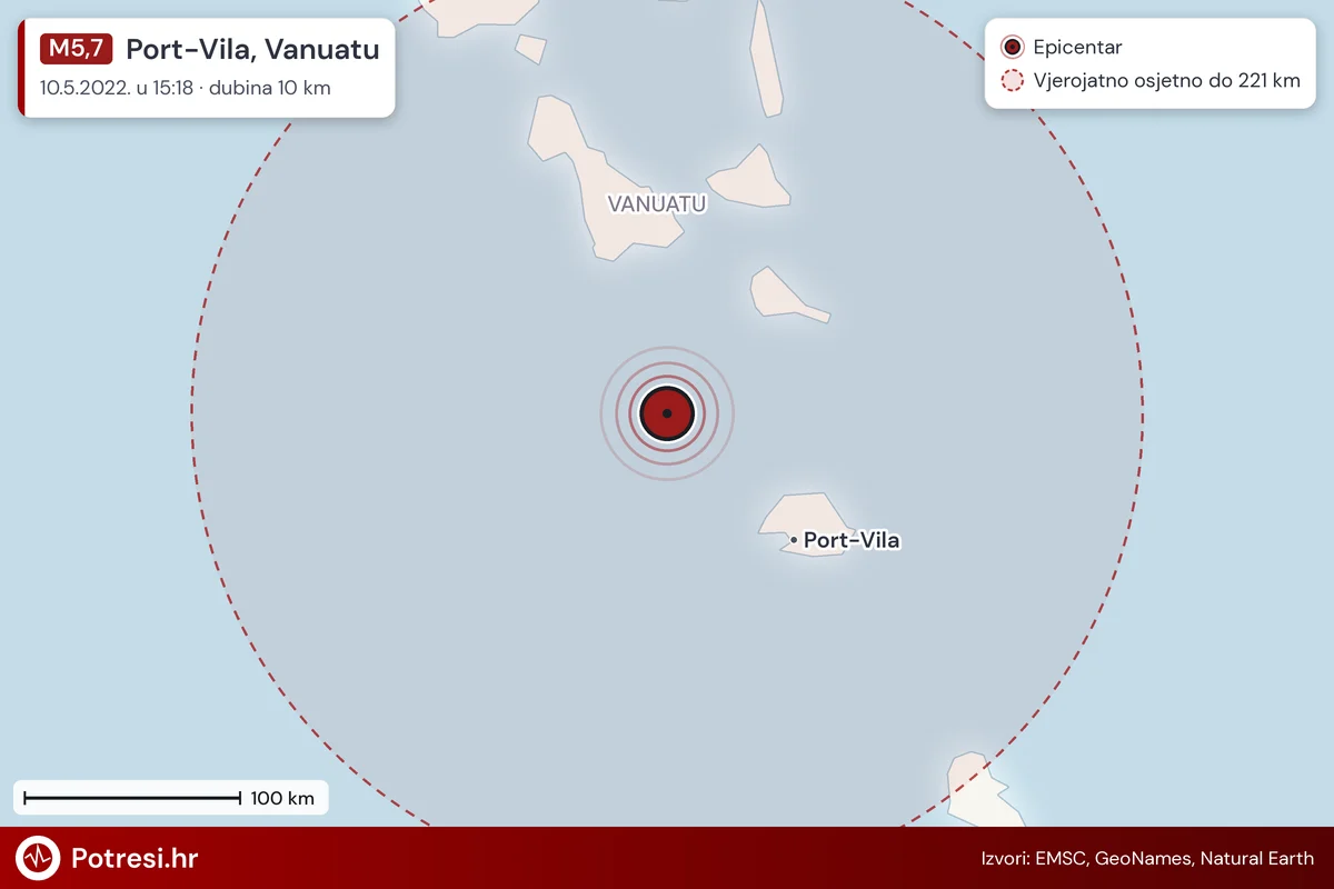 Karta: šire područje i vjerojatni doseg osjeta, potres M5,7, Port-Vila, Vanuatu, 10.5.2022.