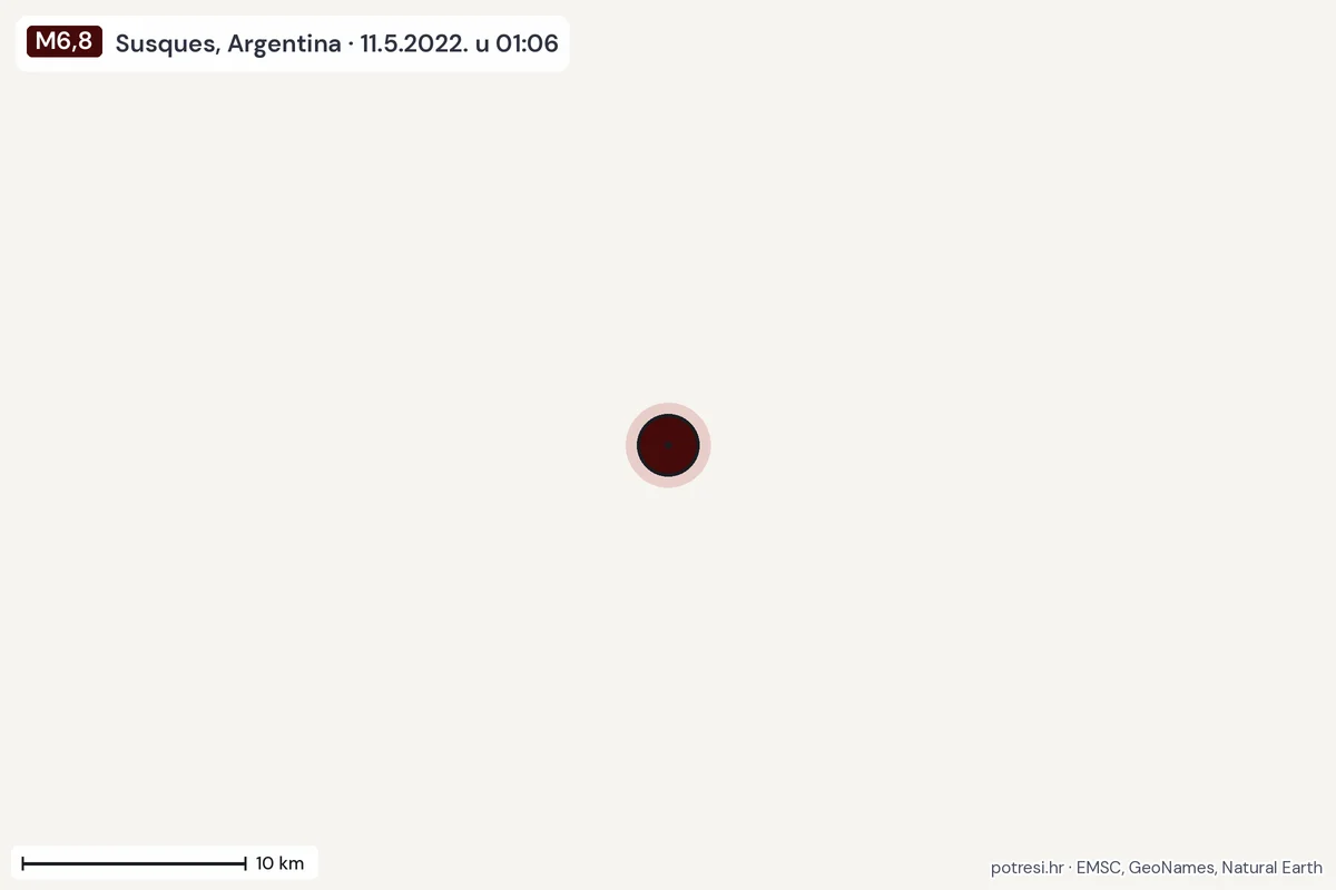 Karta: okolica epicentra, 60 km, potres M6,8, Susques, Argentina, 11.5.2022.