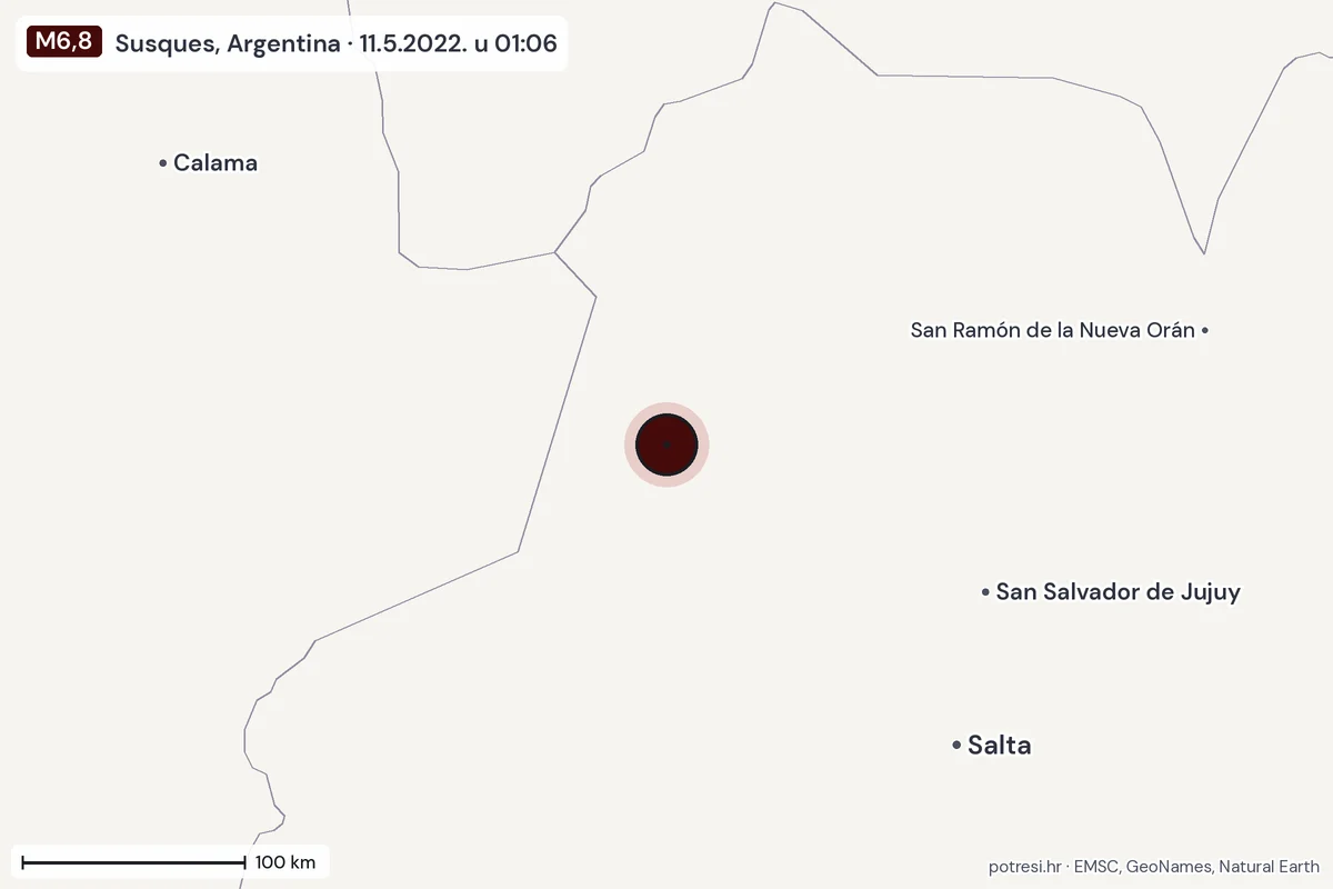 Karta: šire područje, 600 km, potres M6,8, Susques, Argentina, 11.5.2022.