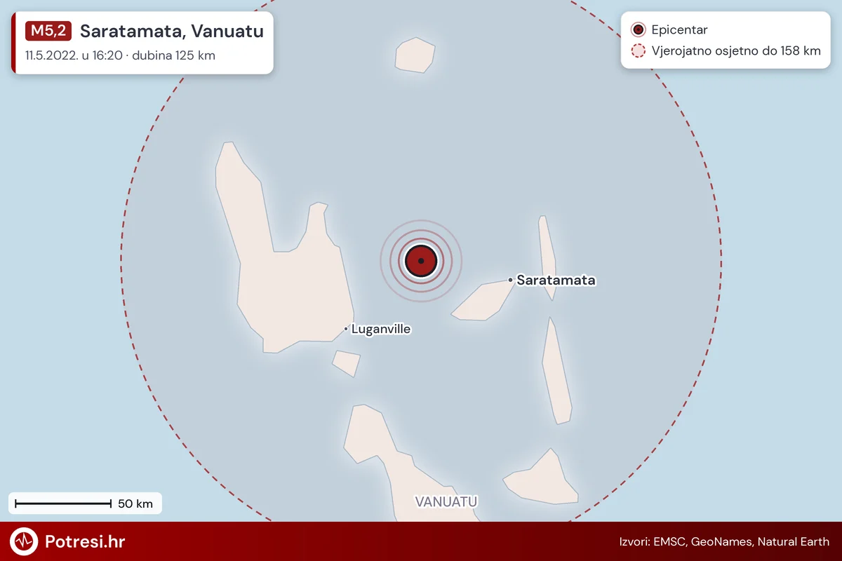 Karta: šire područje i vjerojatni doseg osjeta, potres M5,2, Saratamata, Vanuatu, 11.5.2022.