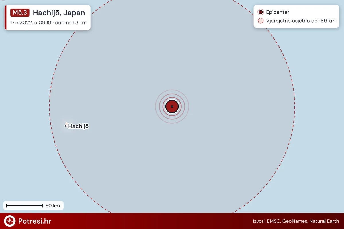 Karta: šire područje i vjerojatni doseg osjeta, potres M5,3, Hachijō, Japan, 17.5.2022.