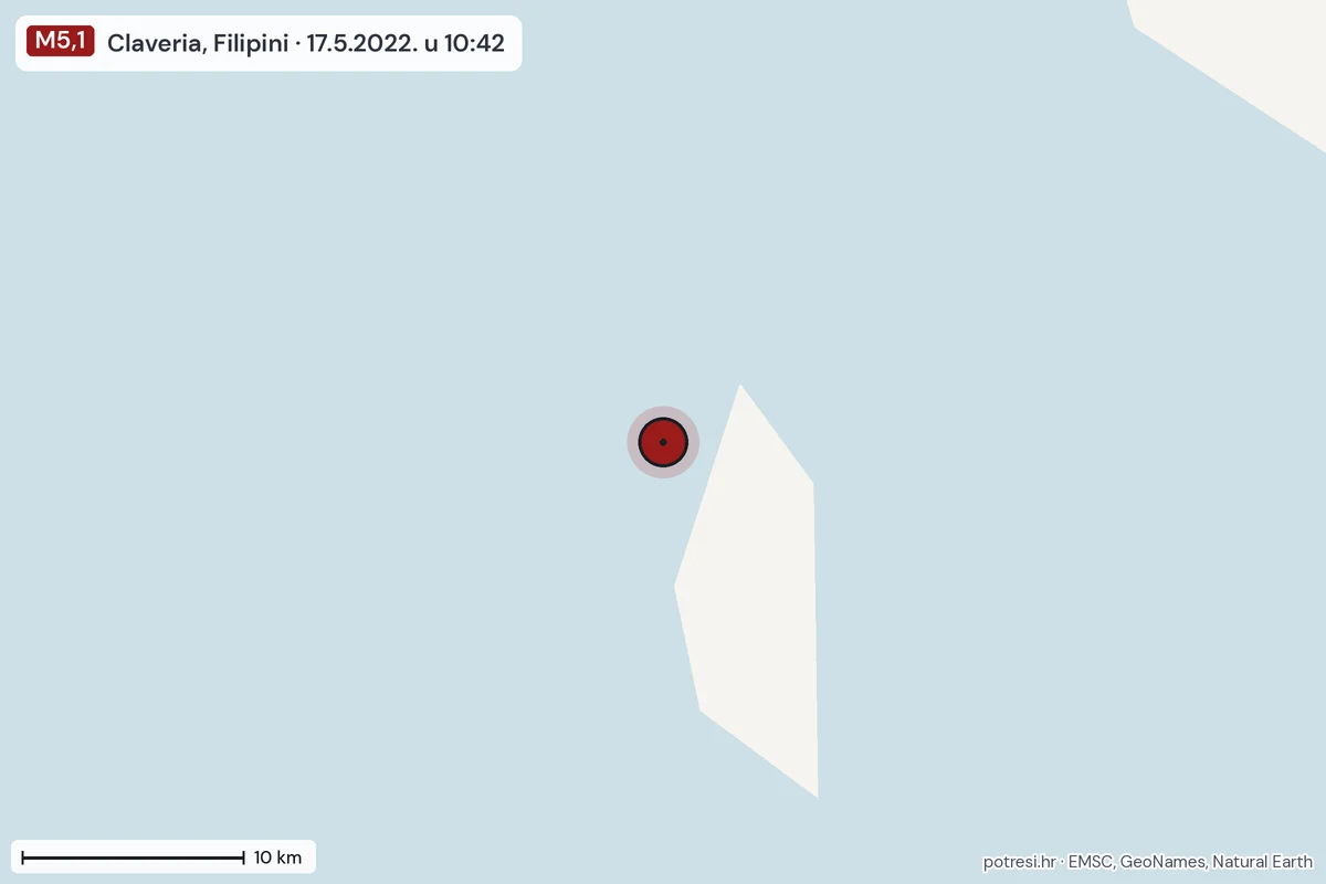 Karta: okolica epicentra, 60 km, potres M5,1, Claveria, Filipini, 17.5.2022.