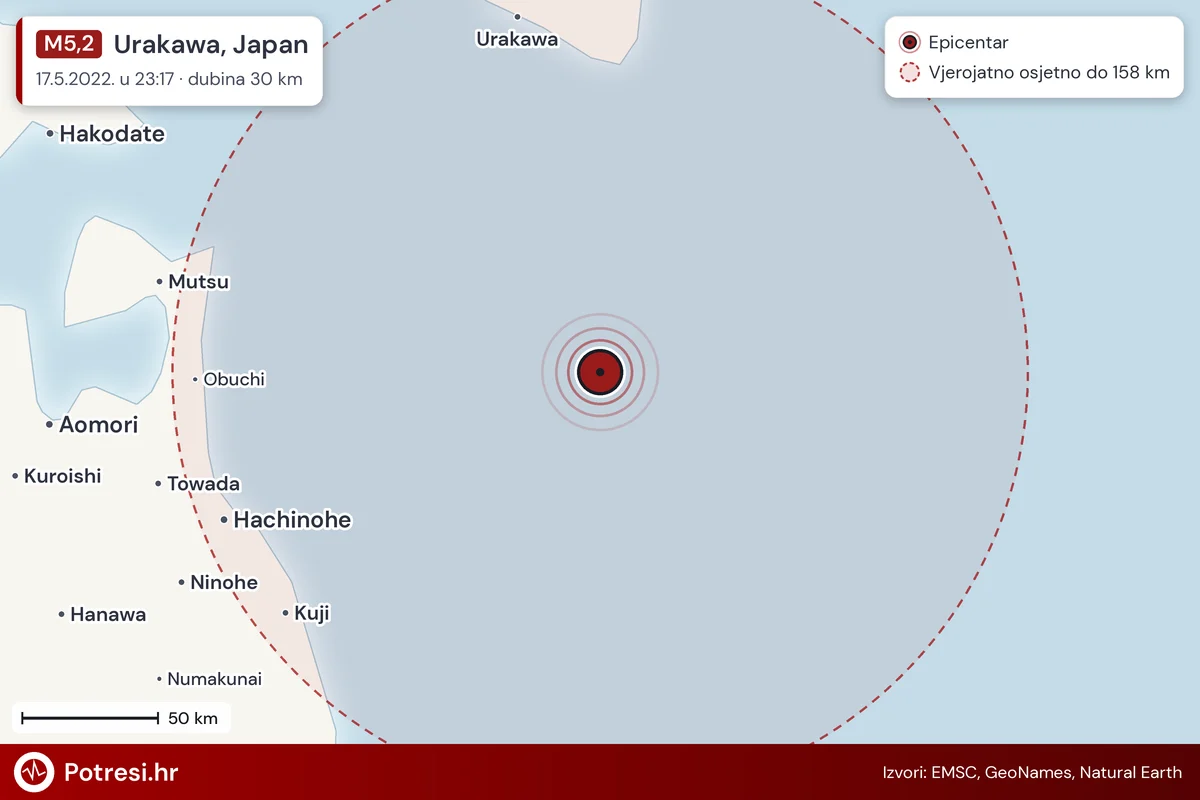 Karta: šire područje i vjerojatni doseg osjeta, potres M5,2, Urakawa, Japan, 17.5.2022.