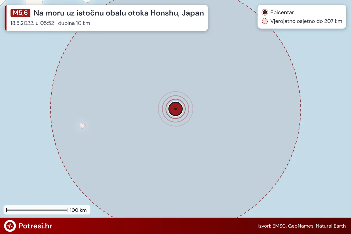 Karta: šire područje i vjerojatni doseg osjeta, potres M5,6, Na moru uz istočnu obalu otoka Honshu, Japan, 18.5.2022.