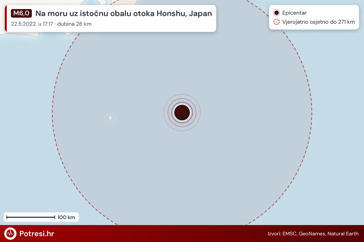 Karta: šire područje i vjerojatni doseg osjeta, potres M6,0, Na moru uz istočnu obalu otoka Honshu, Japan, 22.5.2022.