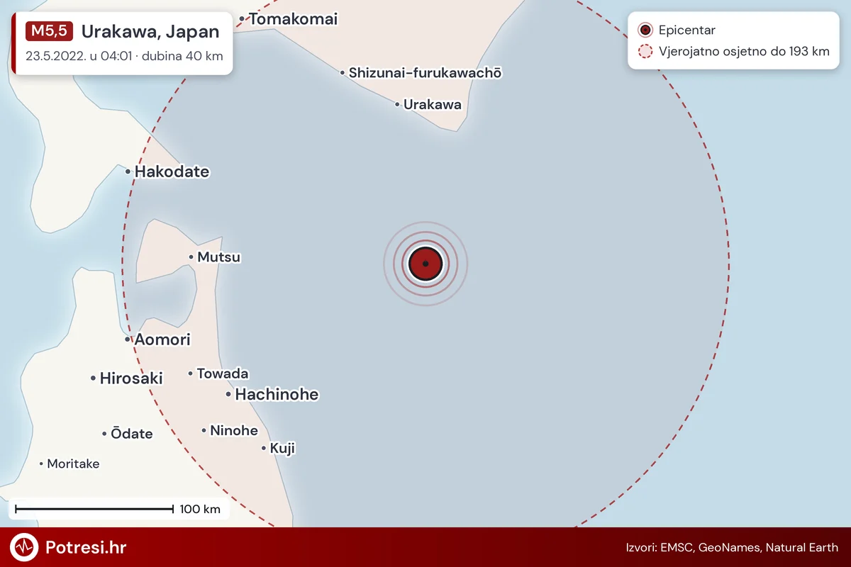 Karta: šire područje i vjerojatni doseg osjeta, potres M5,5, Urakawa, Japan, 23.5.2022.